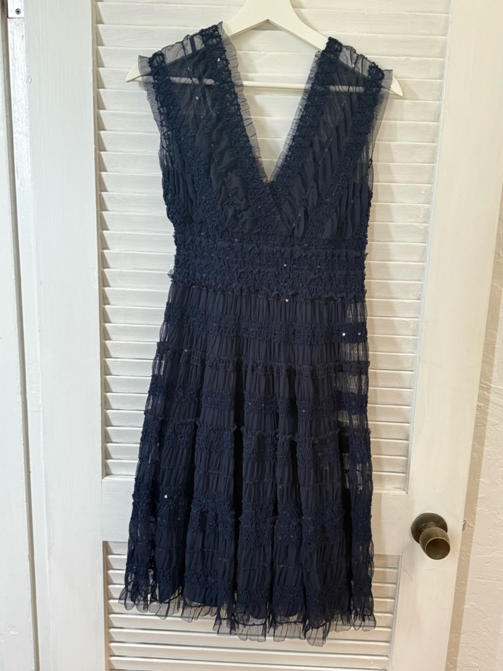 Max Studio Navy/Midnight V-Neck Tiered Lace Midi Dress